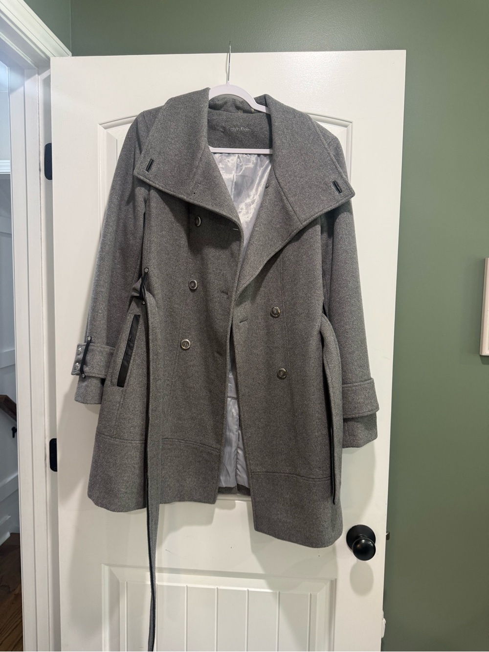 Calvin Klein Gray Double-Breasted Wool Trench Coat